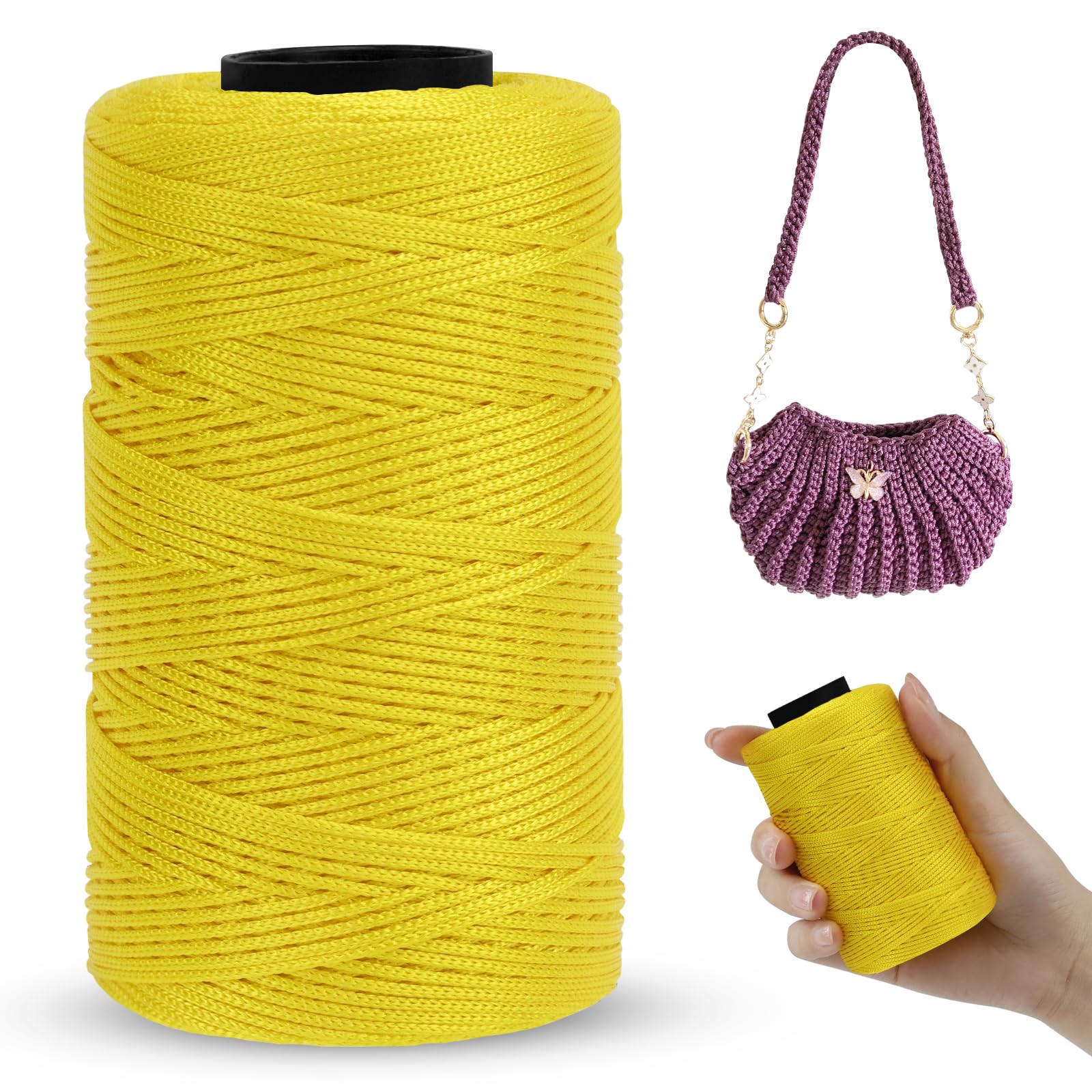 LEREATI Polyester Macrame Cord 1mm x 230m, Polyester Yarn for Crocheting, Braided Polypropylene Crochet Bag Cord Macrame Yarn for Handbag, Beading, DIY Crafts (Yellow)