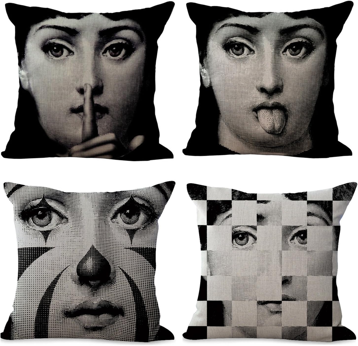 Rita Home Decor 4 Pack Fornasetti Creation Lina's Bouncing Exaggerated Face Throw Pillow Covers 18x18 Inch Cushion Cover Pillowcase with Zipper Cotton Linen Burlap Square Pillow Cover for Sofa Decor