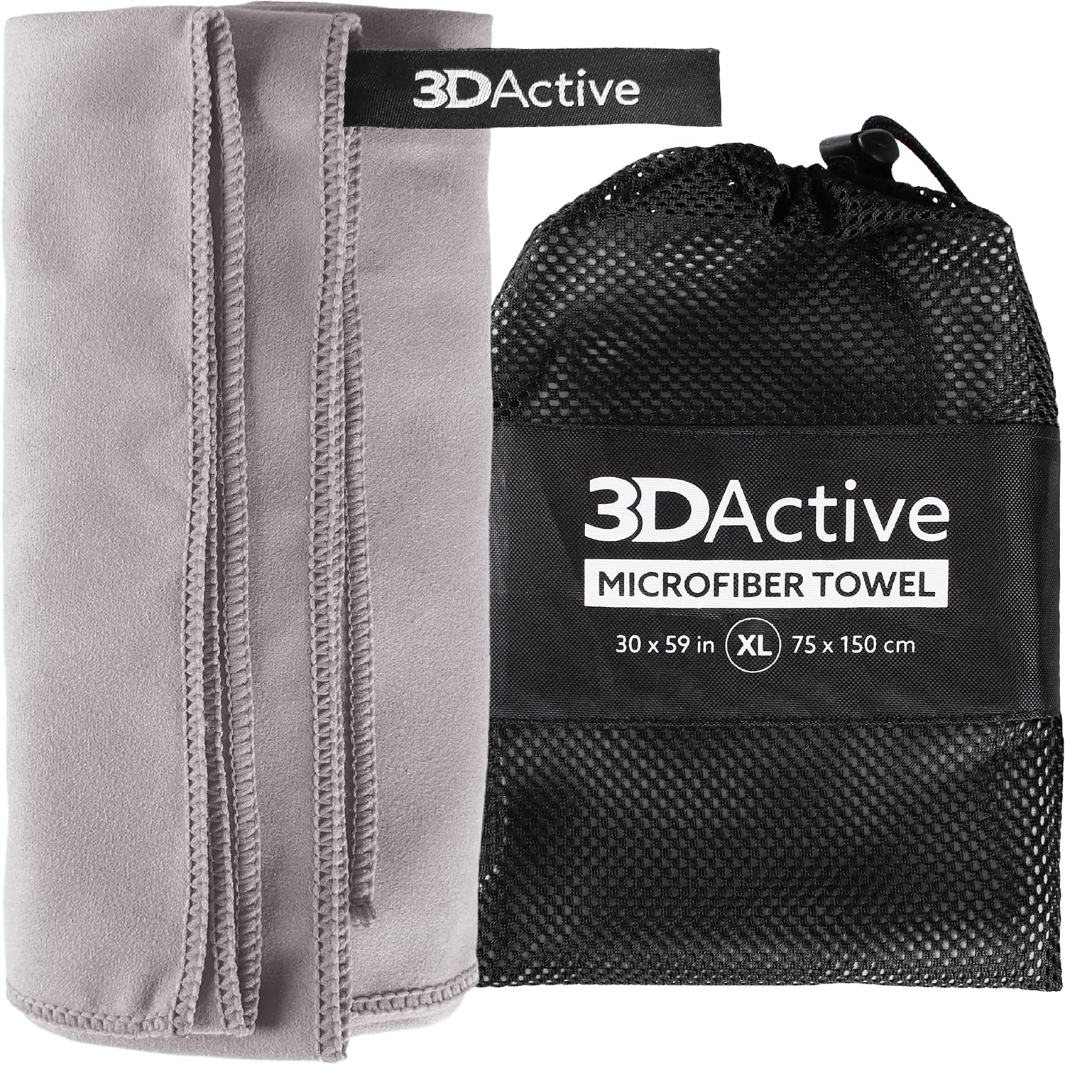 3DActive Microfiber Towel for Gym, Sports & Travel. Ultra Absorbent, Quick Drying, Lightweight, Compact with Carry Bag, Perfect for Workouts, Beach & Outdoors - Extra-Large 30" x 59" - Gray