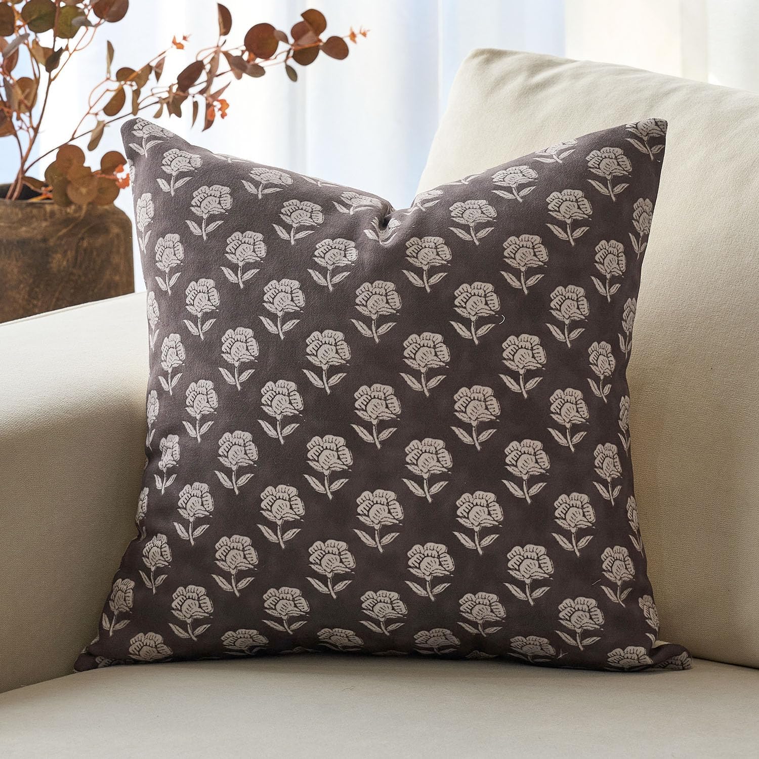 Photo 1 of DOMVITUS Floral Pillow Covers 18x18 Throw Pillow Covers Decorative Farmhouse Block Floral Print Vintage Pillow Cover for Living Room Couch Bed, Dark Brown, 1PC