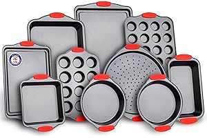 BAKKENMASTER Baking Set – 10 Piece Kitchen Oven Bakeware Set – Deluxe Non-Stick Blue Coating Inside and Outside – Carbon Steel – Red Silicone Handles – PFOA PFOS and PTFE Free by Bakken,Black