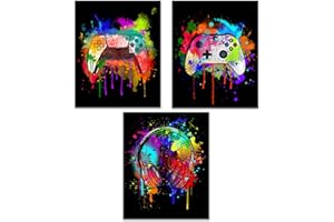 HerZii Prints Watercolor Gaming Posters Set of 3 (8x10), Boys Room Wall Decorations for Bedroom, Gaming Room Accessories, Gamer, Boy, Teen Room Wall Art Decor, Gaming Room Decor - UNFRAMED (Black)