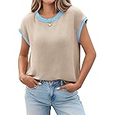 Tankaneo Womens Summer Color Block T-Shirts Cap Sleeve Textured Ribbed Knit Tees Casual Ringer Crew Neck Loose Fit Tops