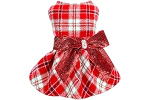 YIKEYO Fleece Lining Dog Dresses for Small Dogs Girl Warm Winter Dog Dress Sequins Bow-Knot Plaid Dog Dresses Dog Clothes Girl Pet Coats for Cat and Puppy Small Dogs Holiday Dog Outfit Costume XS, Red