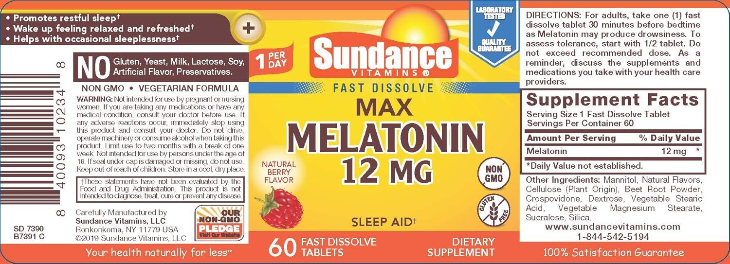 Amazon.com: Sundance 12 mg Melatonina tabletas, 60 Count ...