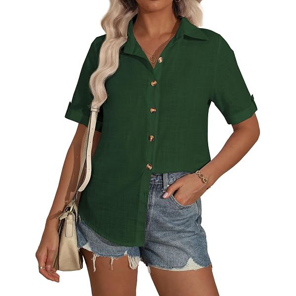 Camisa De Lino Para Mujer Con Cuello En V Y Botones - Blusa De Manga Corta Unicolor Para Verano 2025 | Ropa Casual Ligera Y Fresca