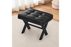 LUE BONA Foot Stool, 12" H Small Foot Stools Ottoman, Sturdy Faux Leather Footstool with Metal X-Leg, Padded Foot Rest Step Stool Extra Seating for Living Room, Bedroom, Entryway, Office, Black