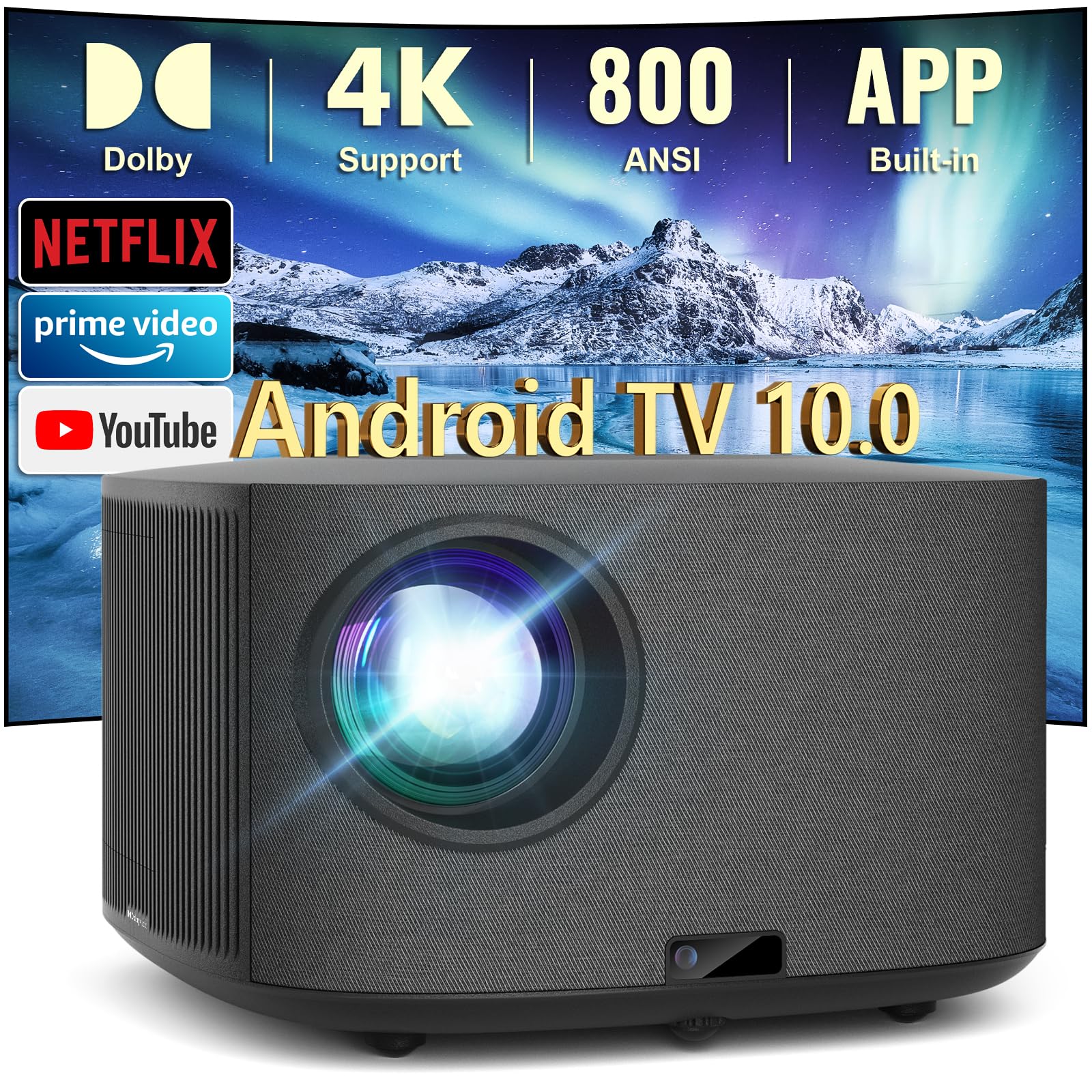 HAPPRUN 4K Projector, [Auto Focus/Keystone] Android TV Projector with WiFi and Bluetooth, Netflix/YouTube/Prime Video Officially-Licensed, Native 1080P 800ANSI Movie Projector Home Theater