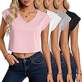 Velvelhall 4 Pack Women's V Neck Cropped Tops Cap Sleeves Short T Shirts Loose Fit Casual Summer Crop Basic Solid Tees