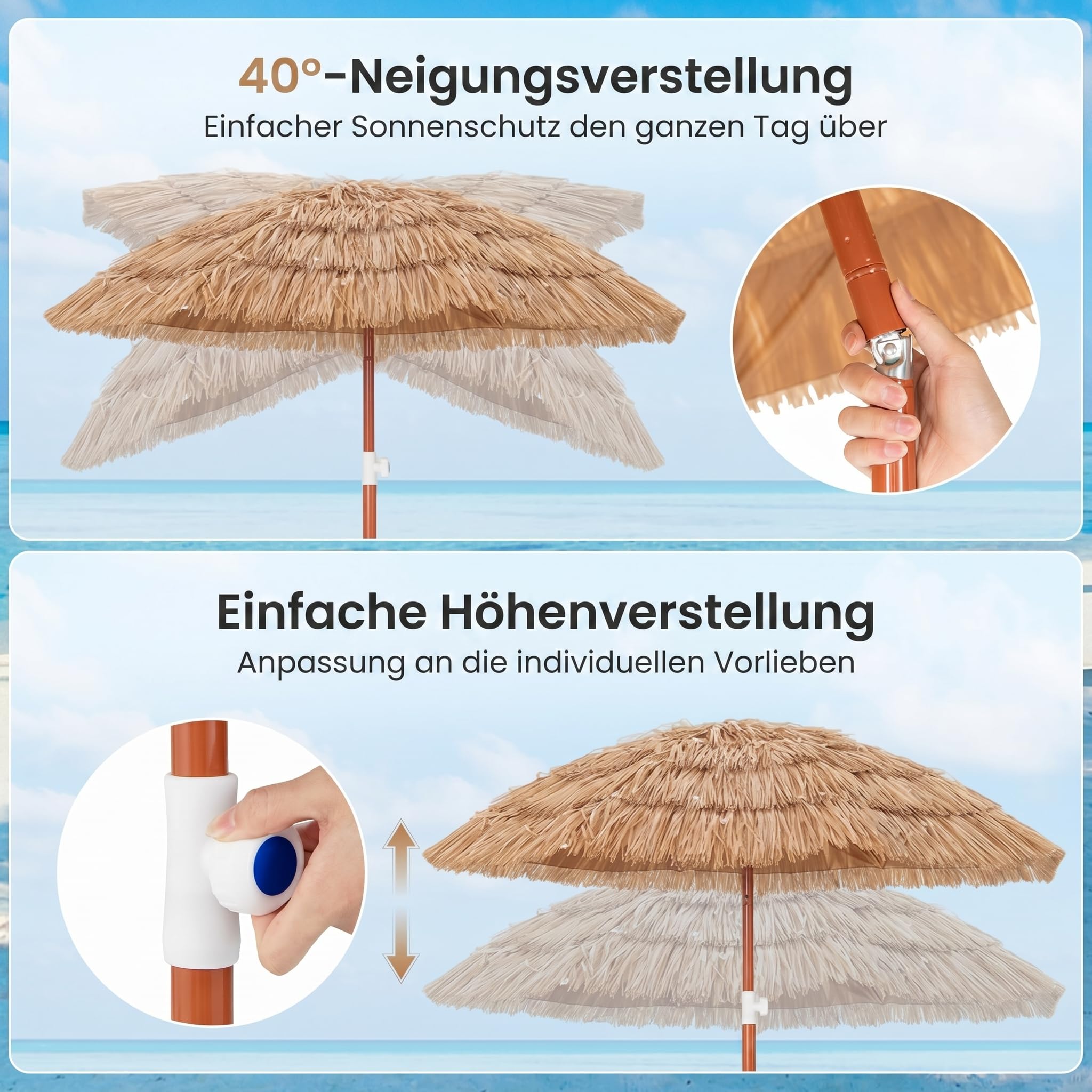 GOPLUS Sonnenschirm Hawaii, Ø 155 cm Sonnenschirm Stroh von 140-190 cm Höhenverstellbar, Strohschirm um 40° knickbar, Hawaii Schirm mit Tragetasche, Strandschirm für Strand, Balkon & Garten 3