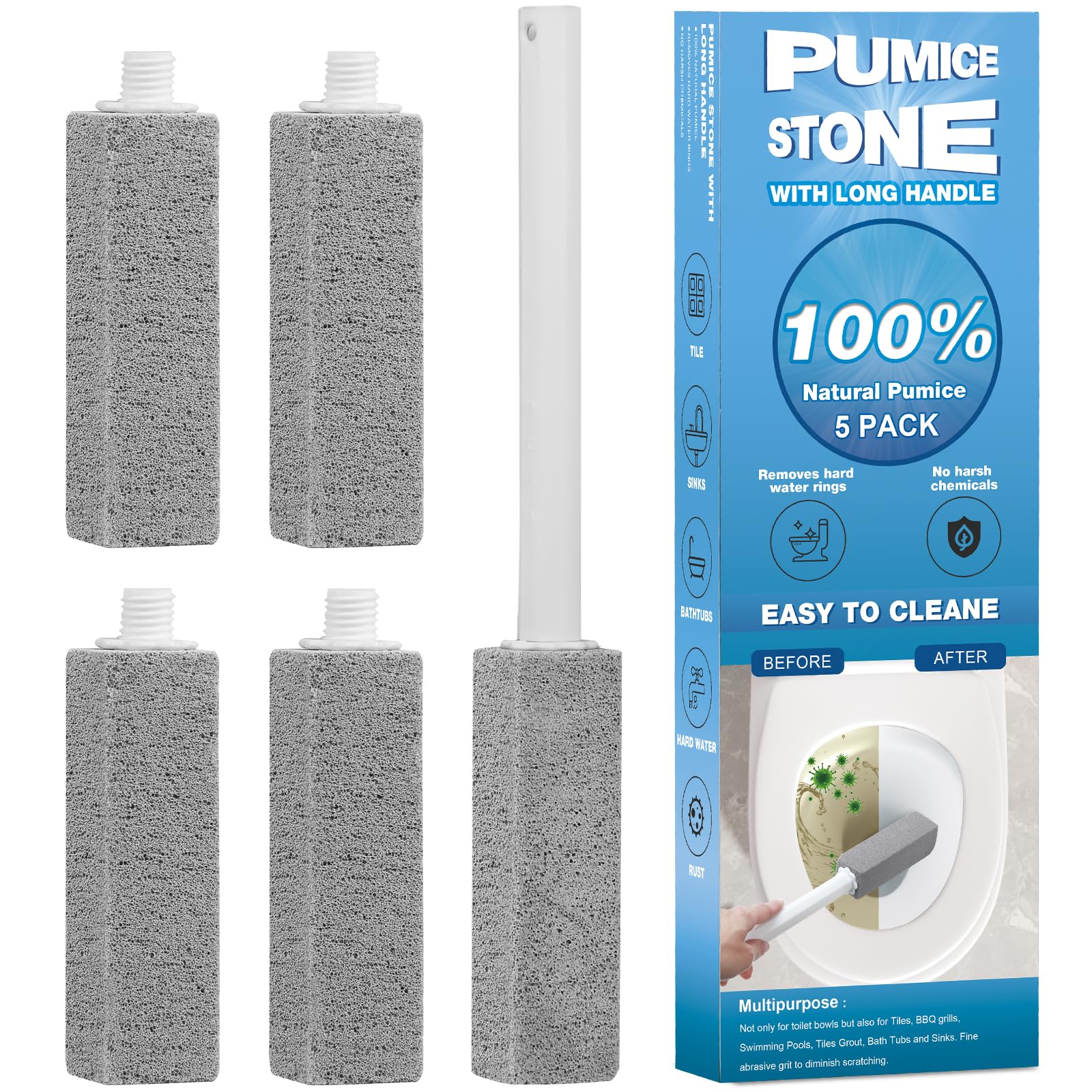 Photo 1 of 5 Packs Pumice Cleaning Stone with Extra Long Handle, Pumice Stone for Toilet Bowl Clean for Cleaning Toilets, Bathtubs, Grills, Swimming Pools, Sinks