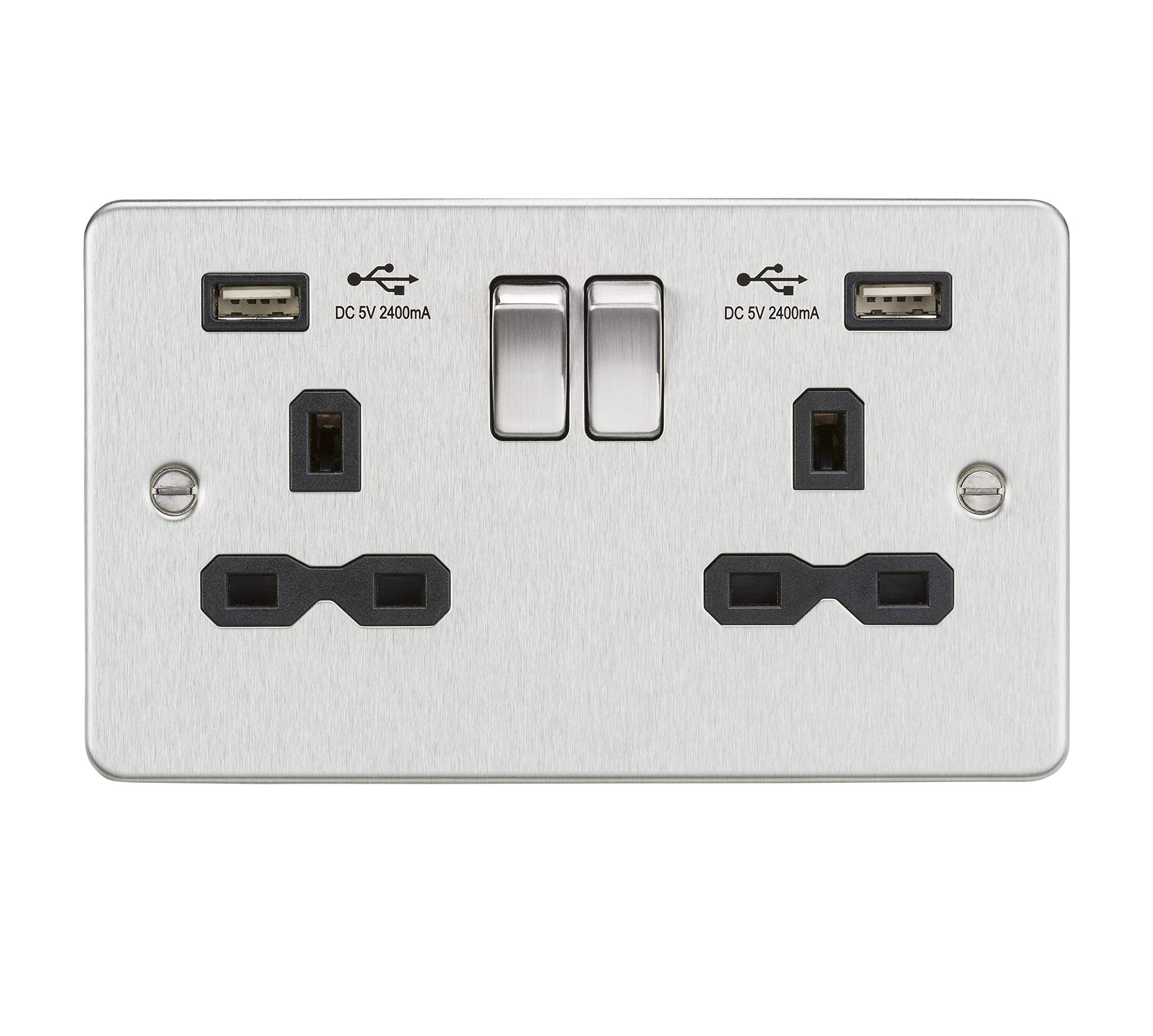 13A 2G Switched Socket with Dual USB Charger A + A (2.4A) - Brushed Chrome with Black Insert — image 1