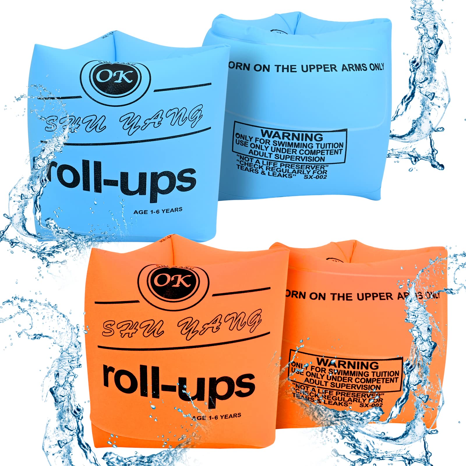 Gukasxi 4 Pack Inflatable Swimming Armbands for Kids and Adults, Inflatable Swim Floater Sleeves Swim Arm Bands Floatie Sleeves Float Roll Up Sleeves for Children Adult Learning Swimming (Blue orange)