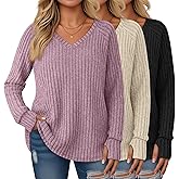 Oakgarden 3 Pack Women's Plus Size Sweaters Long Sleeve Shirts Tunic with Thumb Holes Ribbed V Neck Casual Loose Fit Fall Top