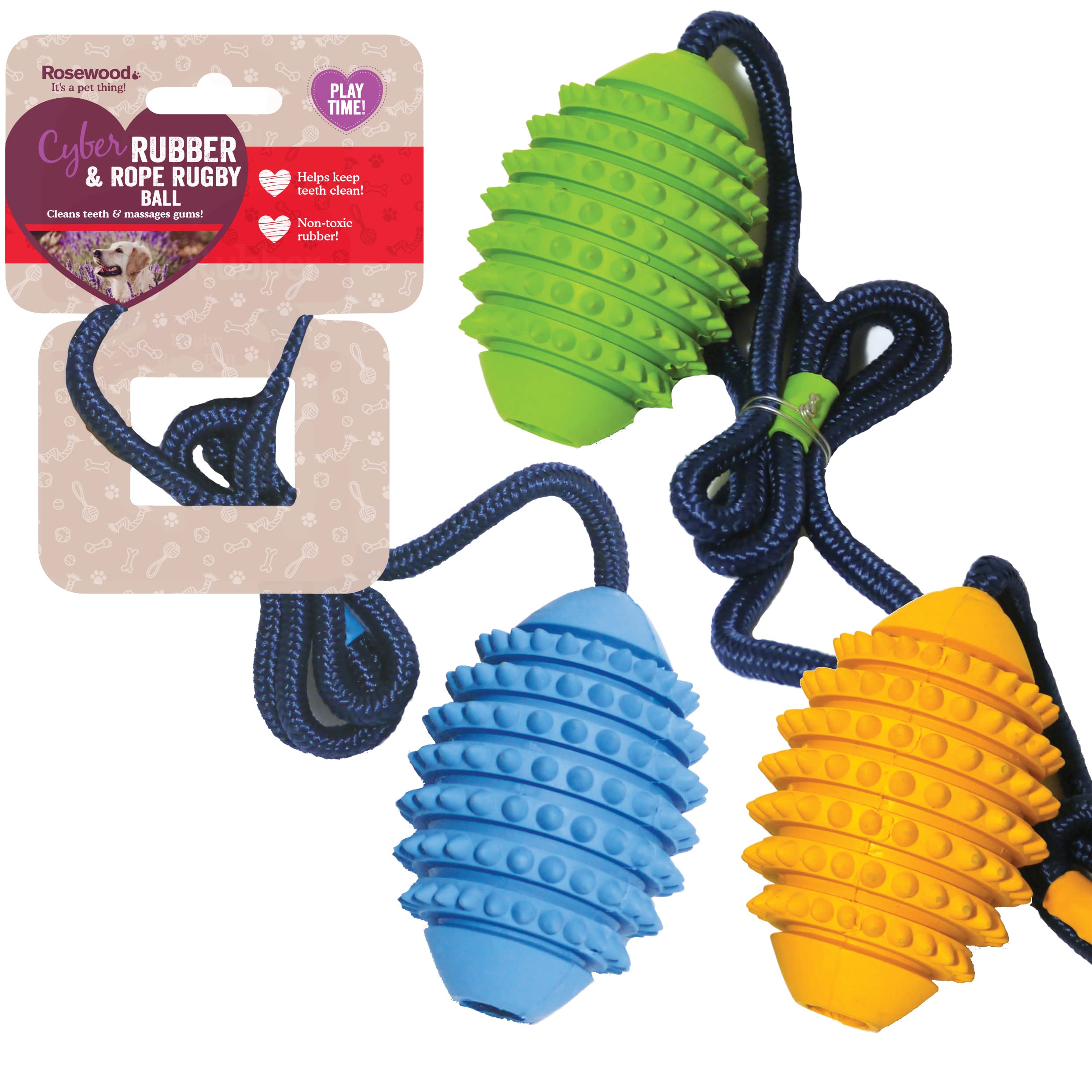 Rosewood Cyber Rubber and Rope Rugby Ball for Dogs - Tough, Interactive Dog Toy for Chewing, Fetch and Play - Non-Toxic Rubber - Supports Dental Health - Assorted Colours (1pc)
