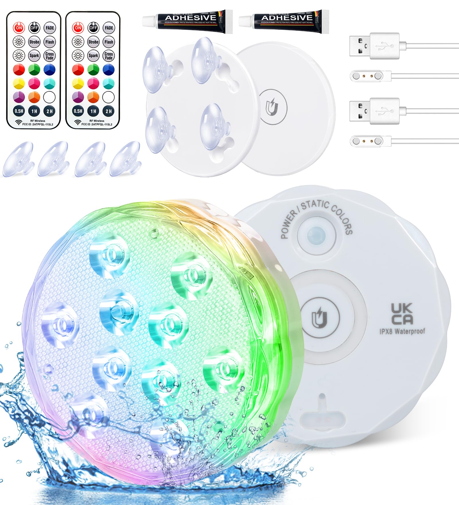 Qoolife Rechargeable Hot Tub Lights 3.3" USB Magnetic Pond Lights RF-Remote Control RGBW Colorful IP68 Waterproof Underwater Light for Bath Spa Aquarium Vase Christmas Decoration (2 Pack)
