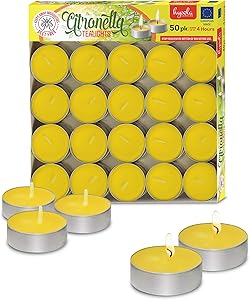 Tealight Citronella Candles - Anti Mosquito Candle - 4 Hour Burn - 50 Pack - DEET Free
