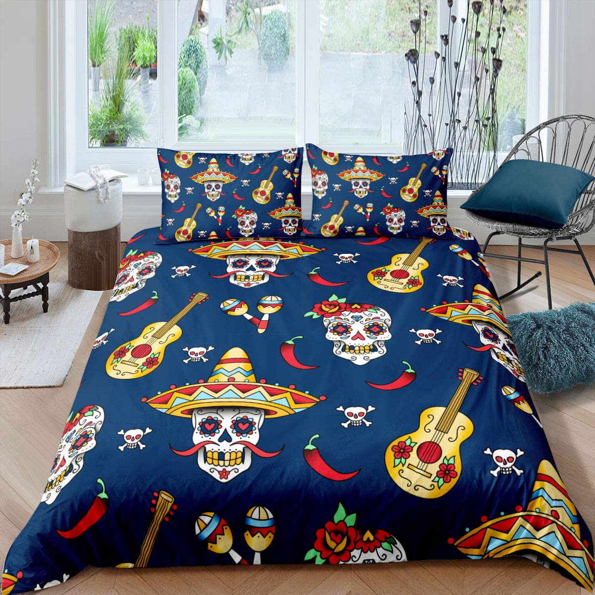 Loussiesd Sugar Skull Duvet Cover Set Double for Kids Boys 3D Mexican Floral Skull Bedding Set Unique Skeleton Bones Comforter Cover Guitars Bedspread Cover with 2 Pillow Shams Quilt Cover
