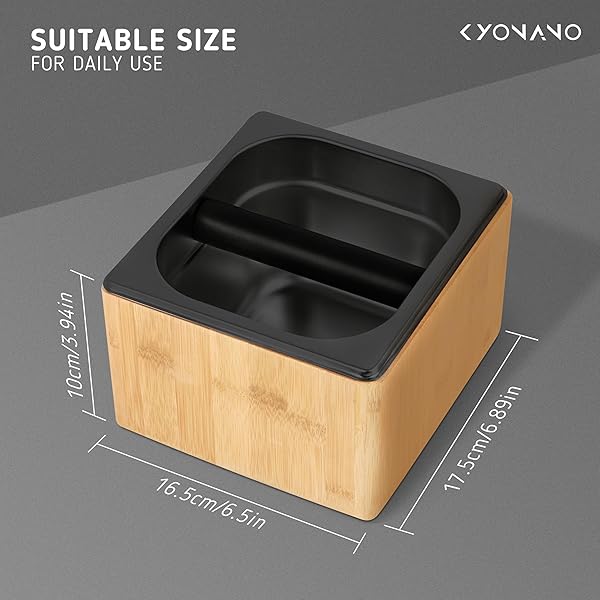 KYONANO KNOCK BOX EXPRESSO – ESPRESSO ACCESSORIES – COFFEE KNOCK BOX WITH DURABLE KNOCK BAR AND NON-SLIP BASE – MADE OF BAMBOO AND STAINLESS STEEL- COFFEE GROUNDS KNOCK BOX