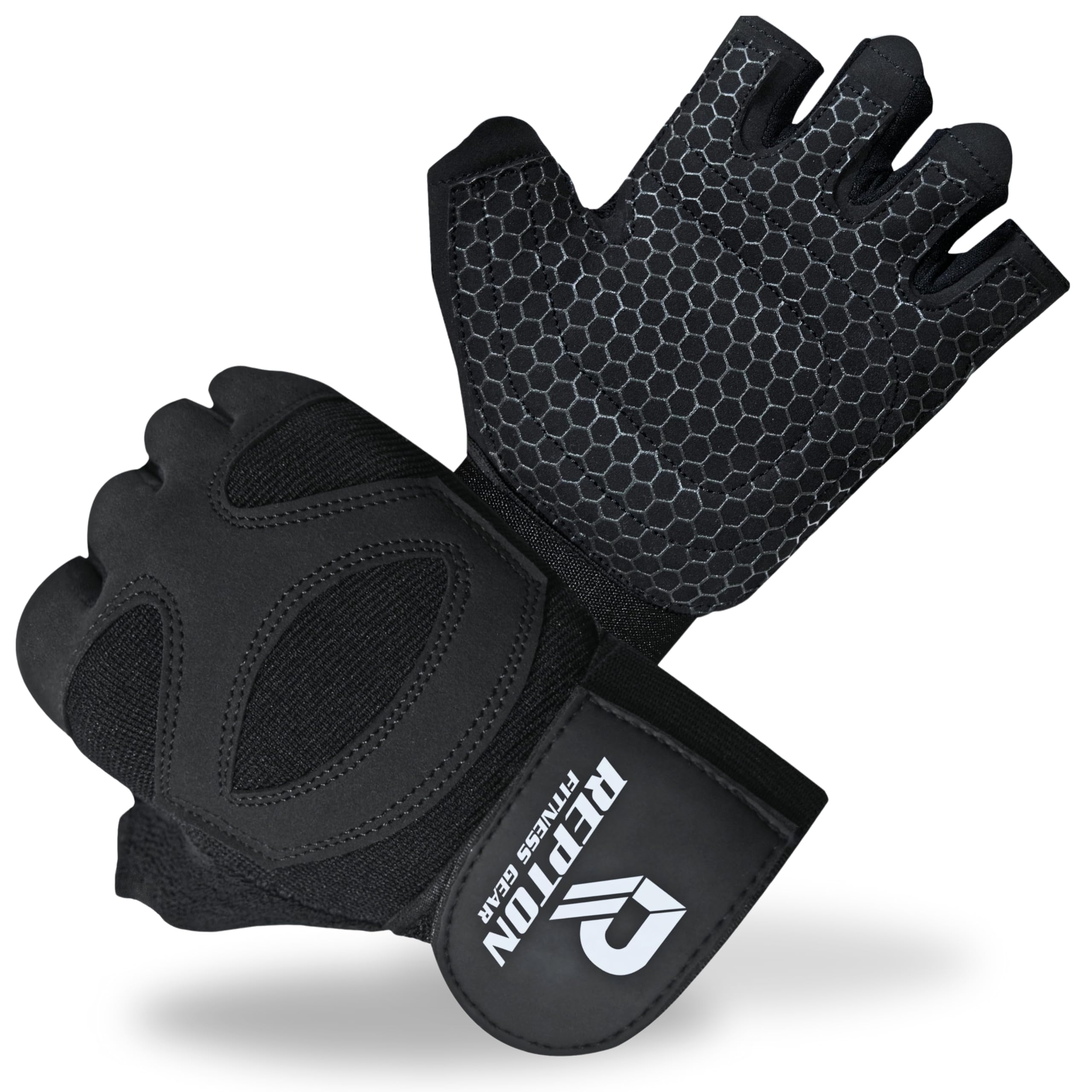 Repton Fitness Gears Gym Gloves with Wrist Strap, Weight Lifting Gloves Breathable Mesh Back & Antislip Padding on Palms (Black, L)