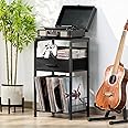 LELELINKY Record Player Stand with Fabric Drawer, 3 Tier AV Media Stands with Charging Station and USB Ports,Turntable Rack with Storage Up to 100 Vinyl Albums, Black DVD Video Game Console Shelf