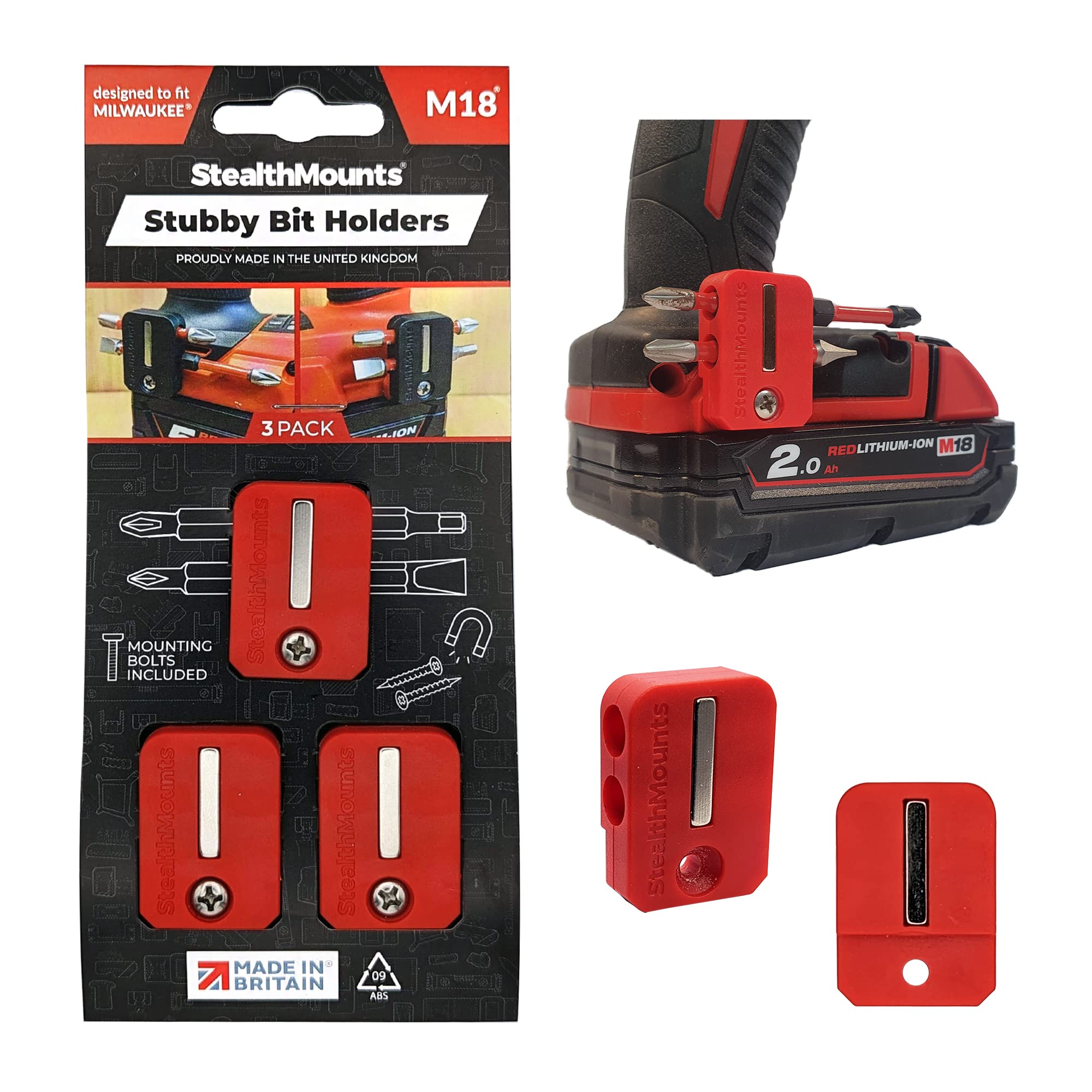 StealthMounts Stubby M18 Milwaukee Magnetic Bit Holder - 3 Pack | Compact Milwaukee Bit Holder for Drill | Milwaukee Impact Driver Bit Holder | Milwaukee Bit Holder for Impact Driver