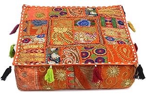 CRAFT KALA Large Square Mandala Patch Work Cotton Floor Pillow & Cushion Cover Meditation Boho Bohemian Cushion Pouf Cover Seating for Yoga Living Room Balcony Office Outdoor 22x22x5 inches,Orange
