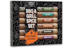 PELTO BBQ & Grill Spice Set - 6 Spice Blend Flavors in Tubes in a Gift Box, For Smoking, Seasosonig, Griling, Christmas Stocking Stuffers for Men Who Cook. Birthday for Husband