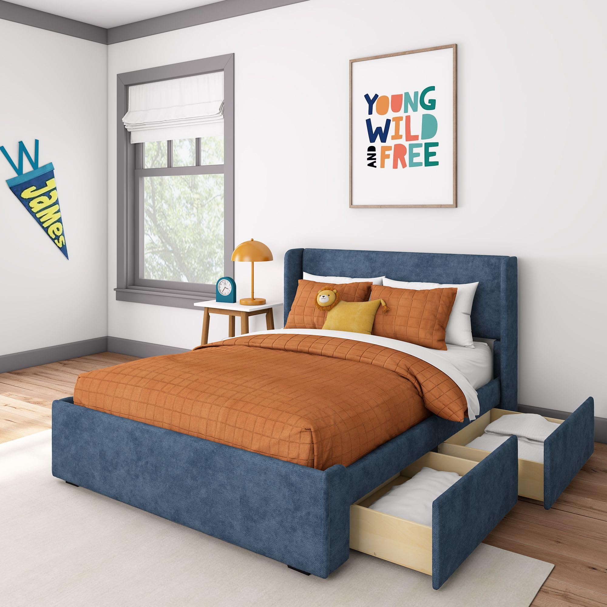 Max & Lily Upholstered Full Bed Frame with Rectangular Headboard and Two Storage Drawers, Upholstered Platform Bed for Kids, No Box Spring Needed, Easy Assembly, Blue