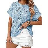 Cakulo Womens Short Sleeve Summer Fall Crochet Sweaters Lightweight 2025 Boho Crop Tops Knit Fashion Clothes Blue XL