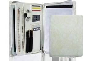 AZXCG Printing Leather Portfolio, Embossed PU Leather Padfolio with Zipper, Professional Resume Portfolio with A4/US Letter Writing Pad Holder, Business Organizer Ordner, Gifts for Women/Men (White)