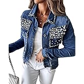 LifeShe Women's Pearls Denim Jacket Cropped Rhinestones Jean Blazer Coat