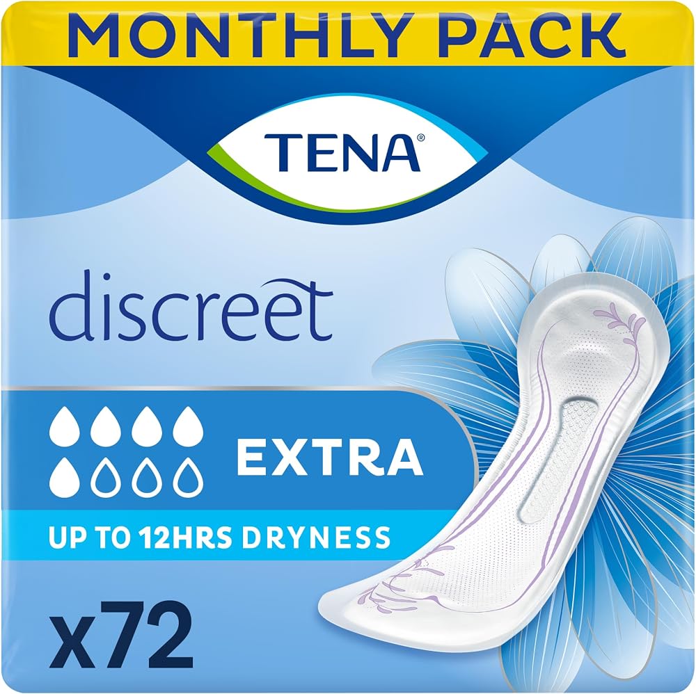 TENA Discreet Extra Incontinence Pads 72 Count for Women Medium Leaks