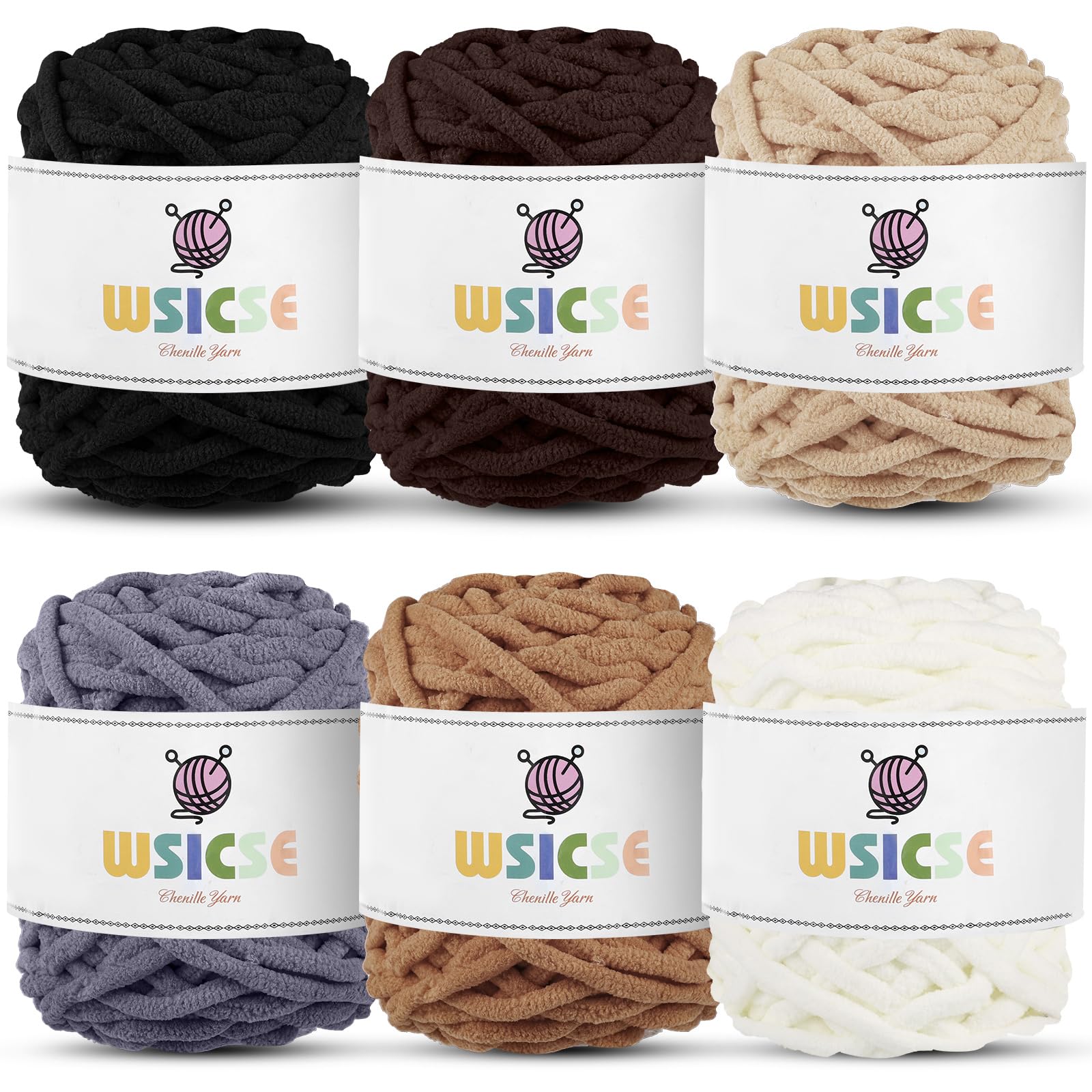 WSICSE Chenille Fluffy Yarn, Thick Chunky Blanket Yarn for Crocheting Plush Soft for Knitting Blanket DIY Gifts, 6 Pack 100g Each 3.5 oz 55 Yards(Brown Series)