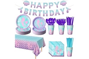 JECTIVS 203Pcs Mermaid Birthday Party Supplies,Mermaid Tablecloth Banner Disposable Paper Plates and Napkins Dinner Tableware Cups Knives for Mermaid Kids Under the Sea Birthday Party Decorations, Serve 25