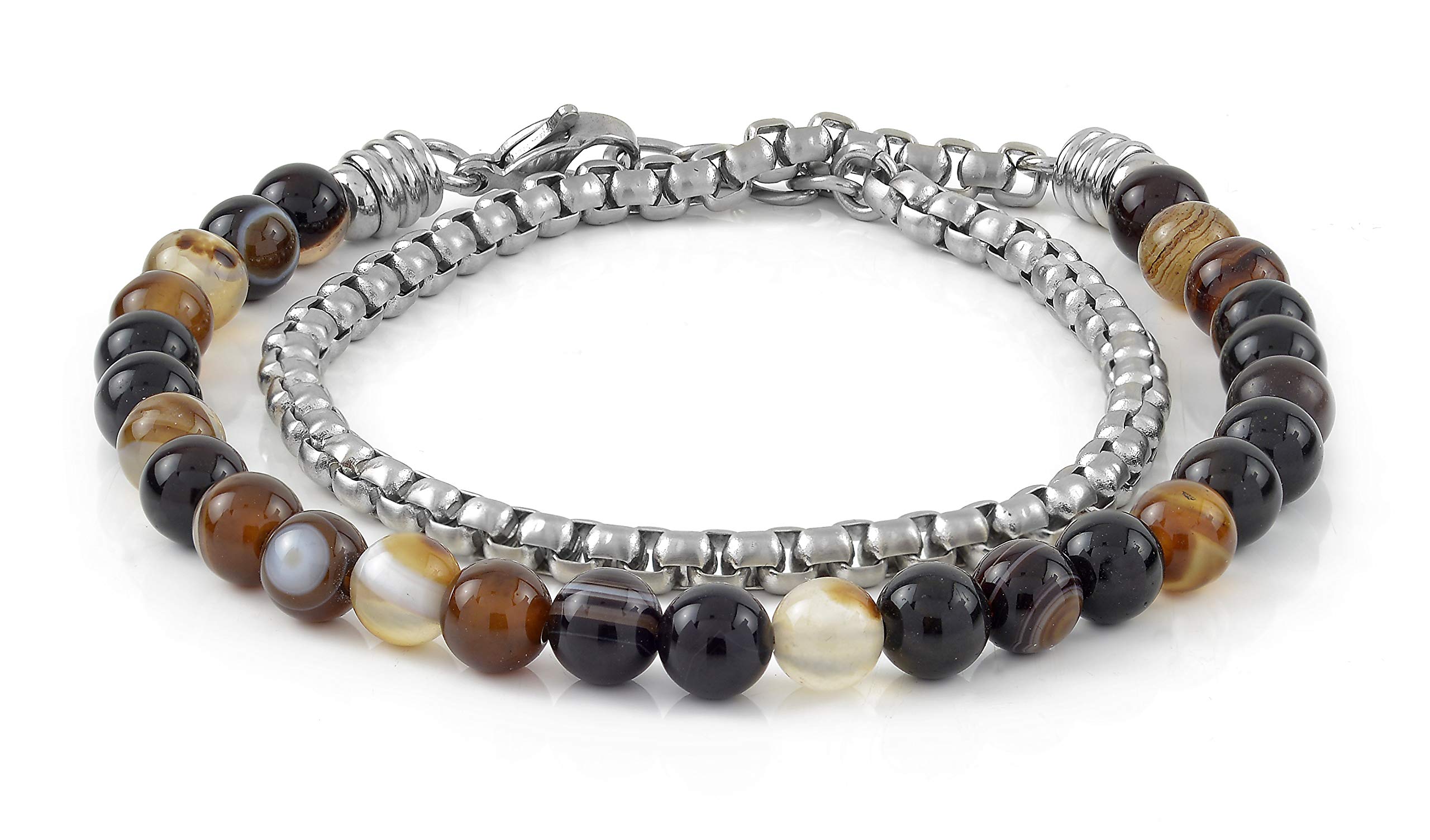 10:10 Double wrap bracelet with 6 mm natural stones and polished Venetian stainless steel chain, made in Italy