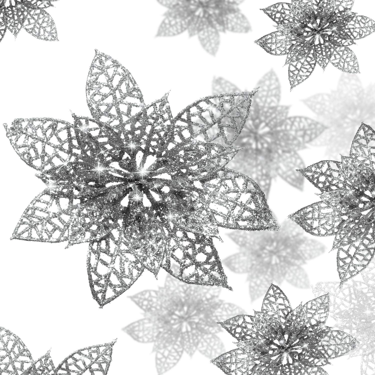WILLBOND 36 Piece 3 Size Christmas Glitter Poinsettia Artificial Wedding Flowers for Christmas Tree, New Year, Home & Outdoor Decoration (Silver)