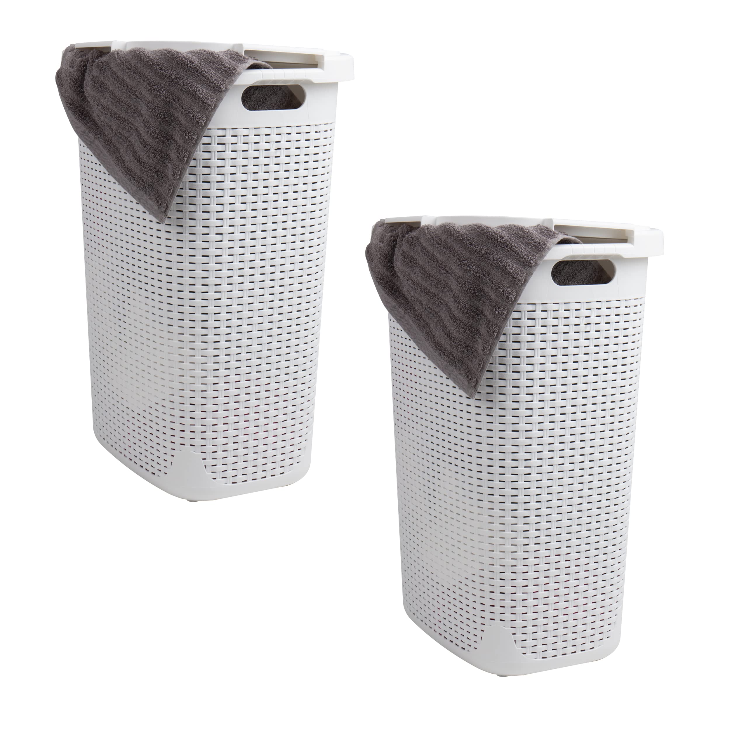 Photo 1 of **ONLY ONE***Mind Reader Slim Laundry Hamper with Lid, 60L Clothes Baskets, Premium Wicker Design, Plastic, 2-Pack, White
