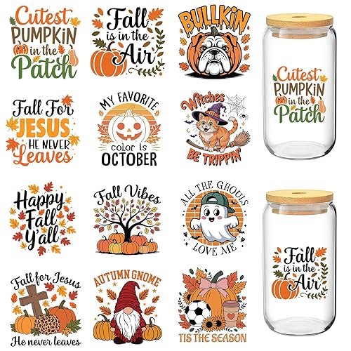 Jolliance UV DTF Cup Wraps for 16 oz 12 Sheets Fall Theme UV DTF Cup Wrap Waterproof Cup Wraps for Glass Cups Funny Rub on Transfers Stickers for Glass Cups Furniture Craft DIY