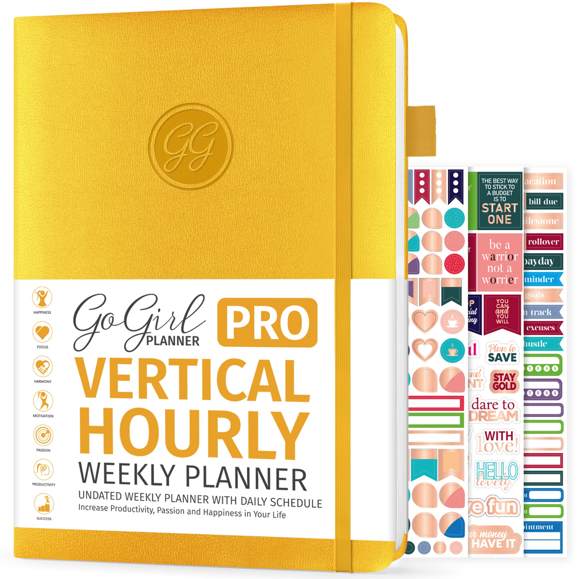 GoGirl Planner PRO Schedule - Undated Planner with Hourly Time Slots, Monthly, Weekly & Daily Organizer, Appointment Book for time Management, 18 x 25.5cm, Hardcover, Lasts 1 Year - Amber Yellow