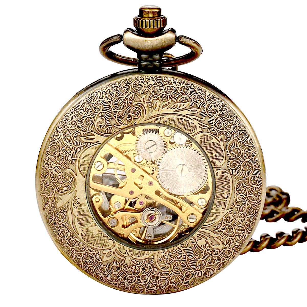 BOSHIYA Vintage Mechanical Pocket Watches for Men Luminous Steampunk Pocket Watch with Chain Black Skeleton Dial Roman Numberals Pocketwatch Gifts for Fathers Day
