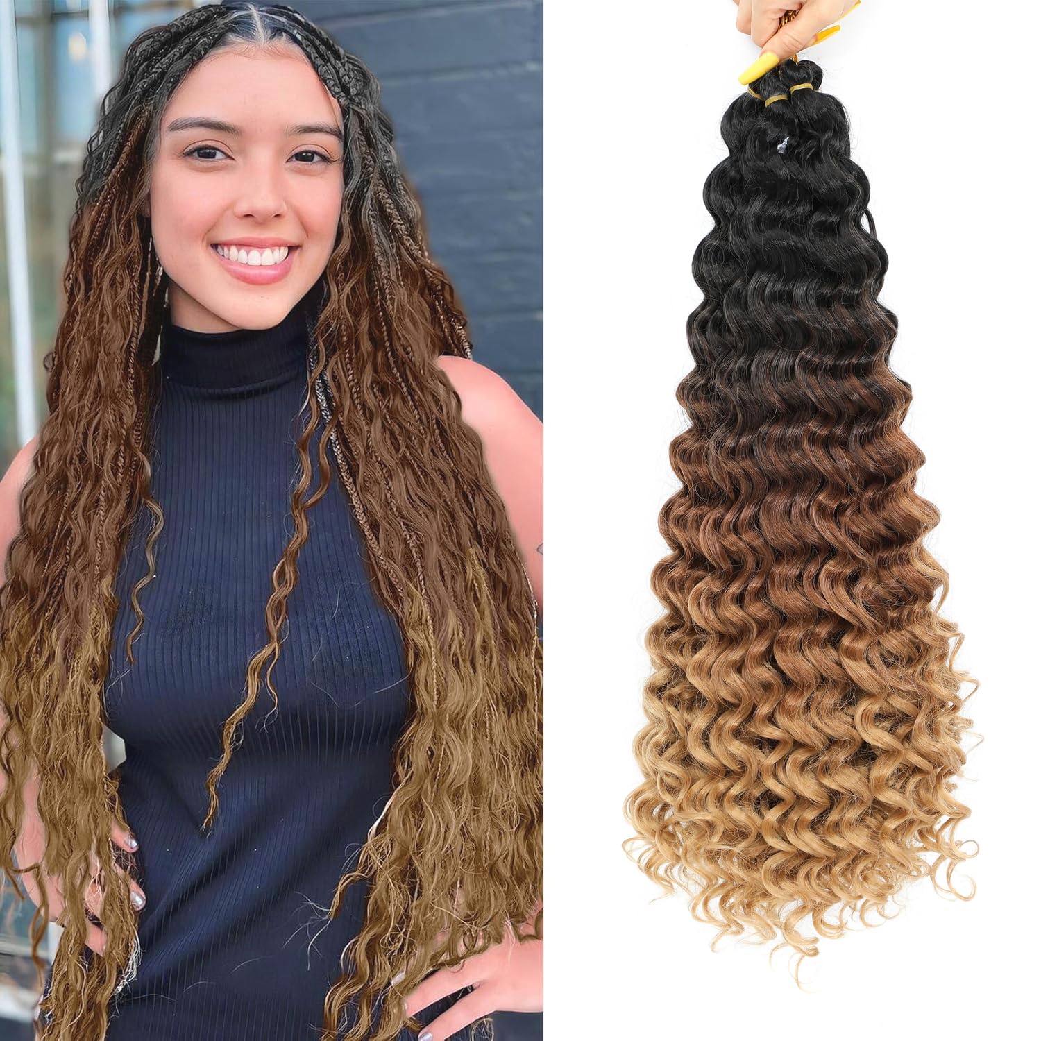 AMLUCKS Deep Wave Braiding Hair for Black Women Girls Synthetic Ocean Wave Crochet Hair Extensions for Boho Braids (1B/30/27#, 22inch-6) — image 1