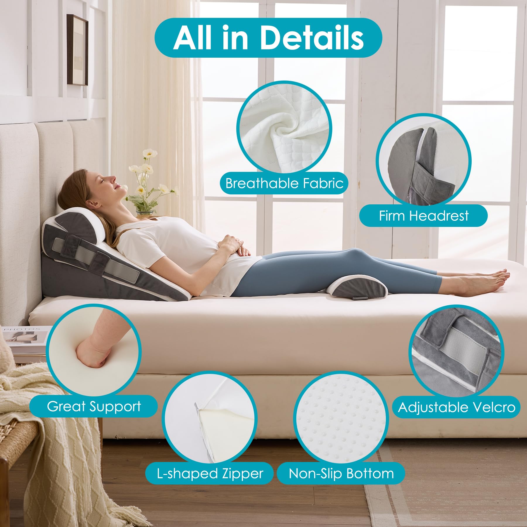 WGAKCED 3Pcs Wedge Pillow Set for After Surgery,Acid Reflux Relief, Adjustable Bed Wedge Pillows for Sleeping,Anti Snore, Memory Foam Triangle Pillow for Back&Neck&Shoulder Pain Relief, White&Grey