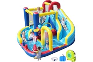 ELEMARA 10 in 1 Inflatable Water Slide Bounce House, Inflatable Bounce House with Blower, Dual Slides & Climbing Walls & Ring