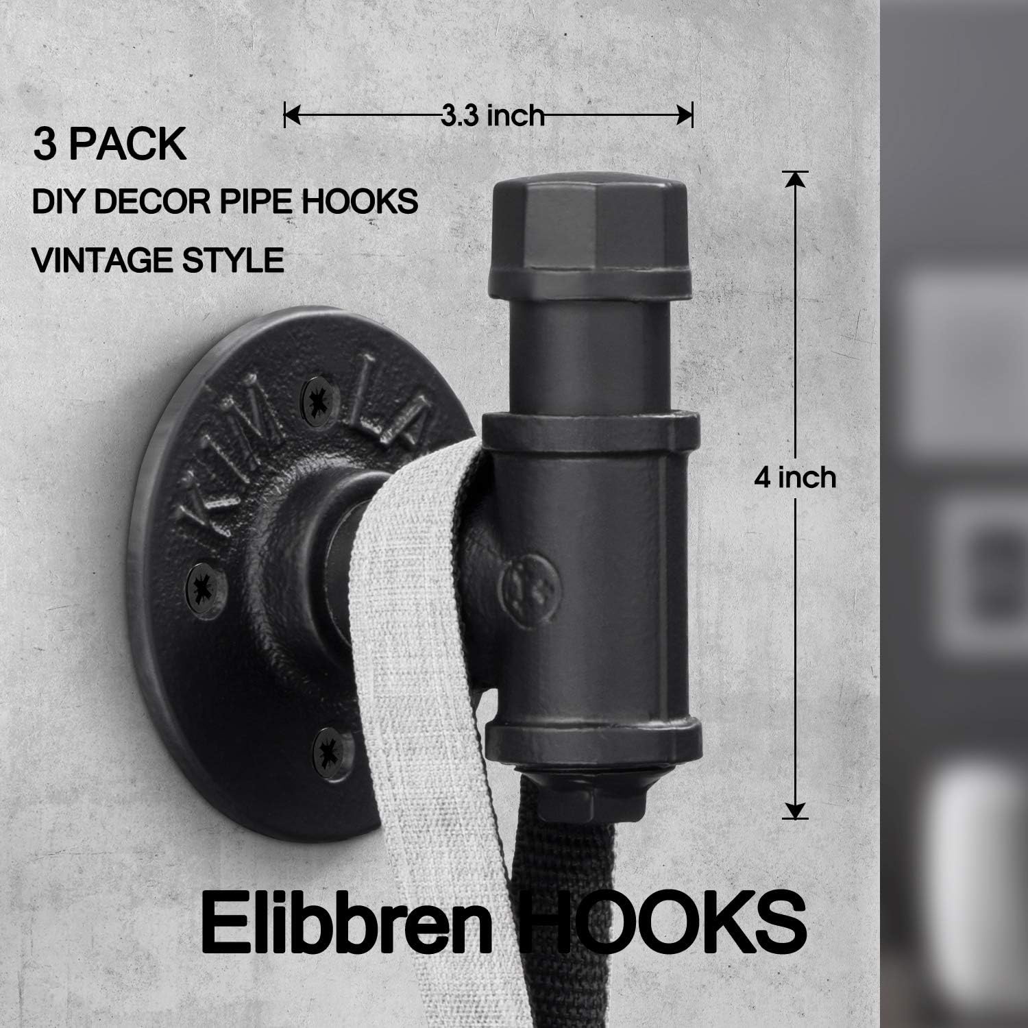 3 Pack Vintage Bathroom Robe and Towel Wall Hooks for Hanging, Elibbren Rustic Style Industrial Iron Pipe Coat Hook Wall Mounted Heavy Duty Farmhouse DIY, Mounting Hardware Included - - 