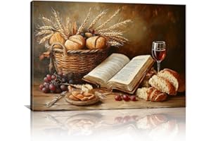 Rustic Kitchen Canvas Wall Art Grape Wine Bread Pictures Vintage Still Life Wall Decor Painting Country Artwork for Dining Ro