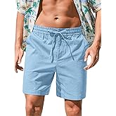 RQP Mens Cotton Linen Shorts Casual Drawstring 7inch Inseam Shorts Stretch Summer Beach Wear