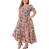 Agnes Orinda Plus Size Dress for Women Short Sleeve Shirred Square Neck Floral Maxi Long Dresses
