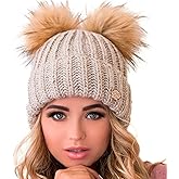 niceacsrise Beanie Women - 2 Pom Cable Knit Winter Warm Fleece Hat - Wool Snow Cuff Ski Cap