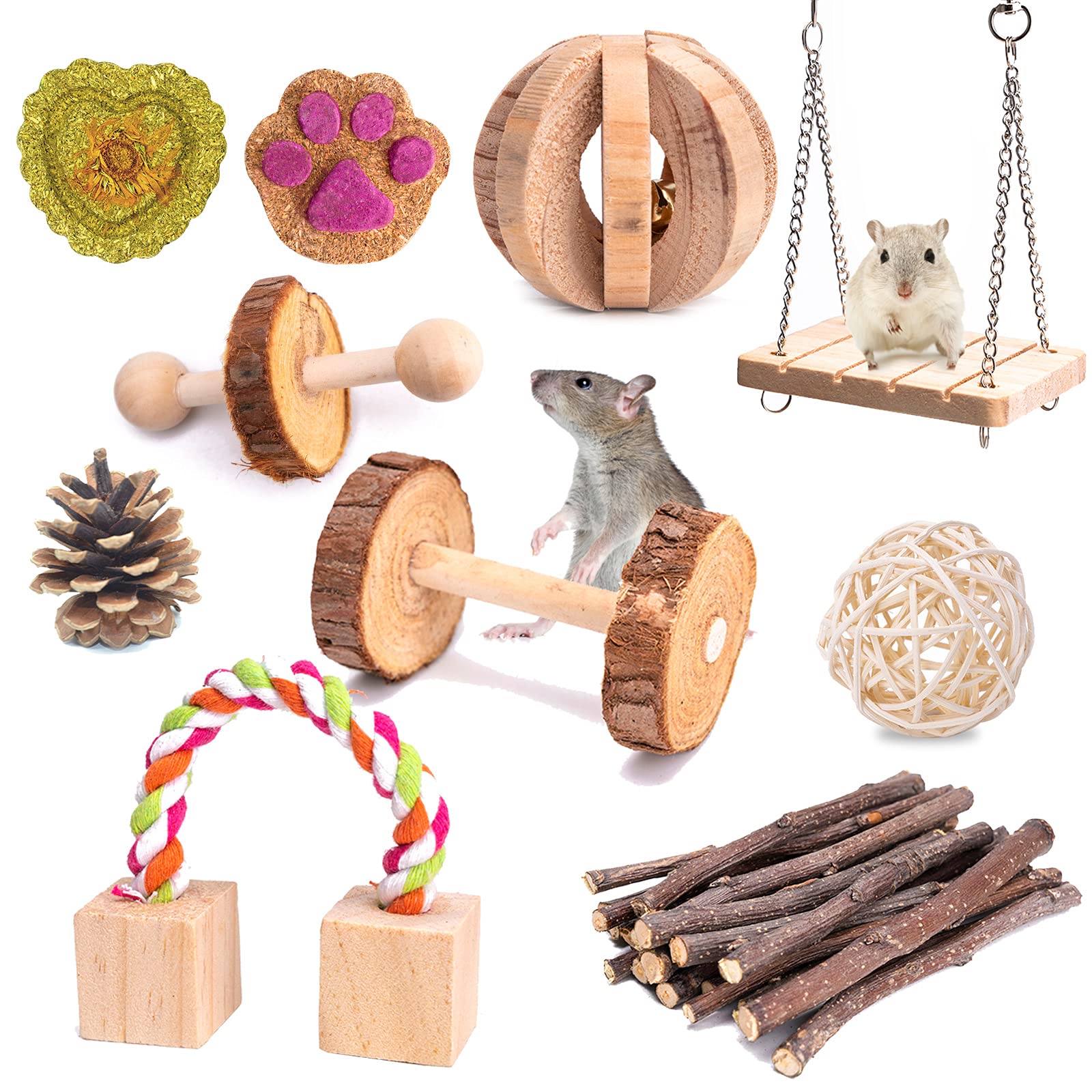 LLGLEU Hamster Chew Toys, 10 Pcs Natural Wooden Dumbbells Seesaw Pet Molar Teeth Care Set for Guinea Pig Gerbil Rats Chinchillas Ferret Parrot Bunny Rabbits Small Animals Treats (Style 1)